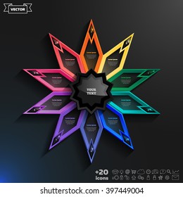 Vector infographics design with colorful rhombs on the black background. Business concept with 10 options, parts, steps. Can be used for graph, diagram, chart, workflow layout, number options, web.