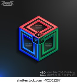 Vector infographics design with colorful rhombs on the black background. Business concept with 3 options, parts, steps. Can be used for graph, diagram, chart, workflow layout, number options, web.