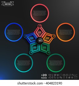 Vector infographics design with colorful rhombs on the black background. Business concept with 5 options, parts, steps. Can be used for graph, diagram, chart, workflow layout, number options, web.