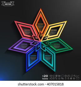 Vector infographics design with colorful rhombs on the black background. Business concept with 7 options, parts, steps. Can be used for graph, diagram, chart, workflow layout, number options, web.