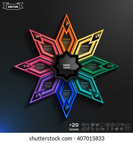 Vector infographics design with colorful rhombs on the black background. Business concept with 8 options, parts, steps. Can be used for graph, diagram, chart, workflow layout, number options, web.