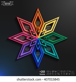 Vector infographics design with colorful rhombs on the black background. Business concept with 8 options, parts, steps. Can be used for graph, diagram, chart, workflow layout, number options, web.