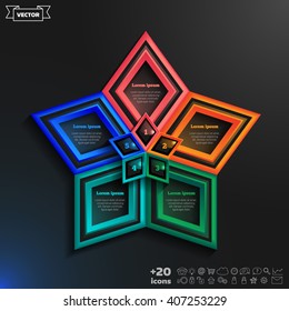 Vector infographics design with colorful rhombs on the black background. Business concept with 5 options, parts, steps. Can be used for graph, diagram, chart, workflow layout, number options, web.