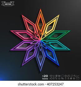 Vector infographics design with colorful rhombs on the black background. Business concept with 10 options, parts, steps. Can be used for graph, diagram, chart, workflow layout, number options, web.