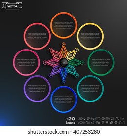 Vector infographics design with colorful rhombs on the black background. Business concept with 8 options, parts, steps. Can be used for graph, diagram, chart, workflow layout, number options, web.
