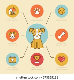 Vector infographics design elements, icons and badges in bright colors and flat line style - dog care and health - design template for prints and veterinary clinic websites