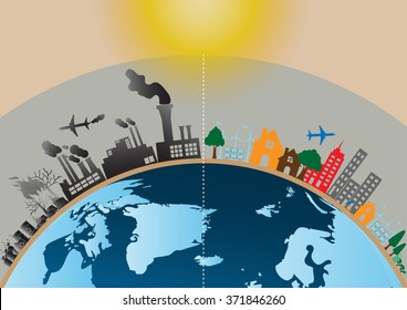 Vector Infographics design with environment two-side comparison site nature global warming Illegal pollution destroying environment with broken ozone layer and side eco friendly, energy, environment.