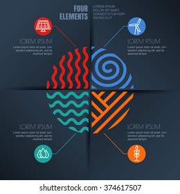 Vector infographics design. Four elements abstract illustration and alternative energy icons on black background. Template for business, brochure, presentation, environmental and ecology themes.