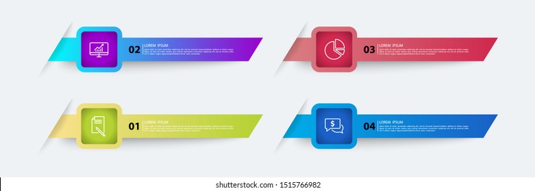Vector infographics design and marketing icons. Can be used to build workflows, charts, annual reports, web design. Business concept with 4 variants, steps or processes, text, multicolored ribbons