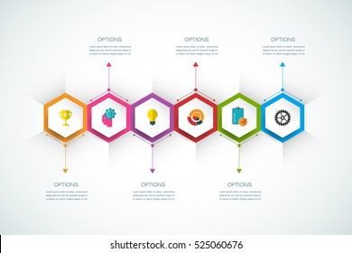 Vector infographics design template with 3D paper label, integrated hexagon background. Blank space for content, business, infographic, diagram, digital network, flowchart, process diagram, timeline