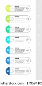 Vector infographics design template with 7 labels and icons. Vector line concept. Can be used for diagram, business, web, banner, workflow layout, presentations, flow chart, info graph, timeline