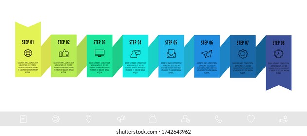 Vector infographics design template with 8 labels. Modern ribbon concept. Origami style can be used for diagram, business, web, banner, presentations, flow chart, info graph, timeline, levels.