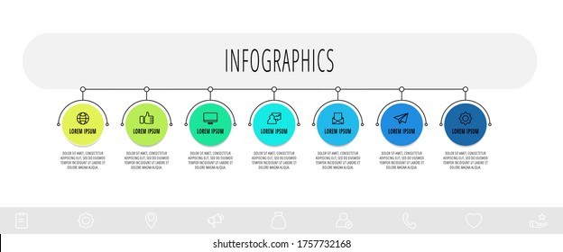 Vector infographics design template with arrows. Seven steps. Modern line concept can be used for diagram, business, web, banner, workflow layout, presentations, chart, levels. Data visualization.