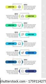 Vector infographics design template with arrows. Eight steps. Modern line concept can be used for diagram, business, web, banner, workflow layout, presentations, timeline, content, levels