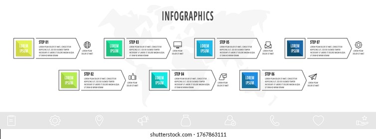 Plantilla de diseño de infografía vectorial con flechas. Siete pasos. El concepto de línea moderna se puede utilizar para diagrama, negocios, web, banner, diseño de flujo de trabajo, presentaciones, gráfico, niveles. Visualización de datos.