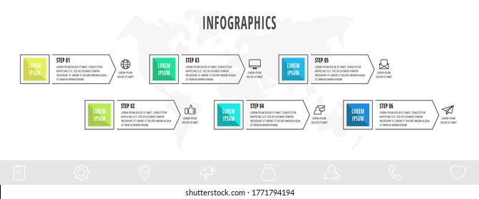 Vector infographics design template with arrows. Six steps. Modern line concept can be used for business, web, banner, workflow layout, presentations, flow chart, content, levels. Data visualization.