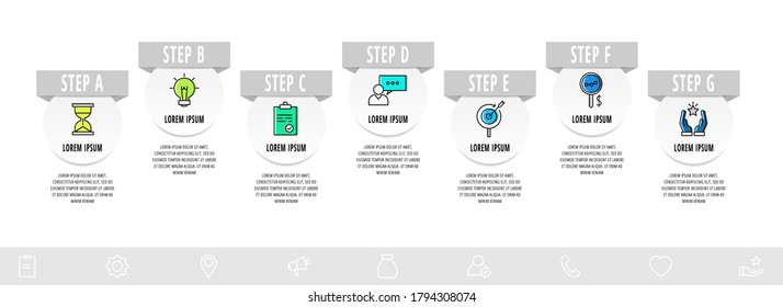 Plantilla de diseño de infografía vectorial con flechas. Siete pasos. El concepto de línea moderna se puede utilizar para diagrama, negocios, web, banner, diseño de flujo de trabajo, presentaciones, gráfico, niveles. Visualización de datos.
