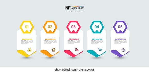 Plantilla de diseño de infografías vectoras, concepto de negocio con 5 pasos.