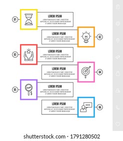 Vector infographics design template with icons. Six steps. Modern line concept can be used for business, web, banner, workflow layout, presentations, flow chart, content, levels. Data visualization.