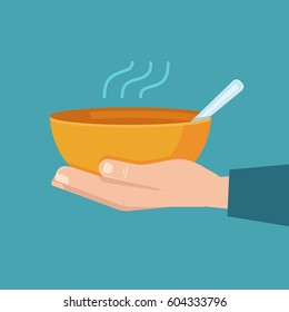 Vector infographics design template and illustration - food sharing - giving food for the poor and refugees - emblem for charity and volunteer organizations feeding people