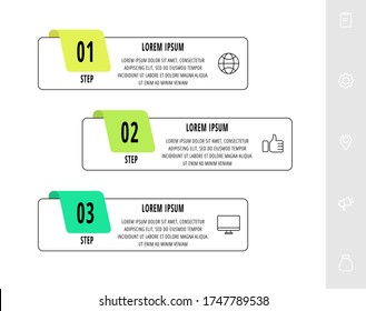 Vektorgrafik-Design-Vorlage mit Beschriftung. Drei Stufen. Modernes Linienkonzept kann für Diagramm, Workflow-Layout, Präsentationen, Diagramm, Infografik, Zeitlinie, Inhalt verwendet werden. Visualisierung von Daten.