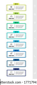 Plantilla de diseño de infografías vectoriales con etiqueta. Ocho pasos. El concepto de línea moderna se puede utilizar para el diagrama, negocios, web, banner, diseño de flujo de trabajo, presentaciones, línea de tiempo, contenido, niveles