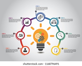 Vector infographics design template with Light bulb for diagram, graph, presentation, chart, Education, business concept with 7 options.