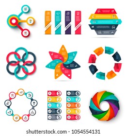 Vector infographics design template set. Business concept with 3, 4, 5, 6, 7, 8, 9 and 10 options, parts, steps or processes. Can be used for workflow layout, presentation, number options, web design.