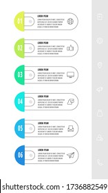 Plantilla de diseño de infografías vectoriales con seis etiquetas e iconos. Concepto de línea de vector. Se puede utilizar para diseño de flujo de trabajo, presentaciones, diagrama de flujo, gráfico de información, contenido, niveles. Visualización de datos.