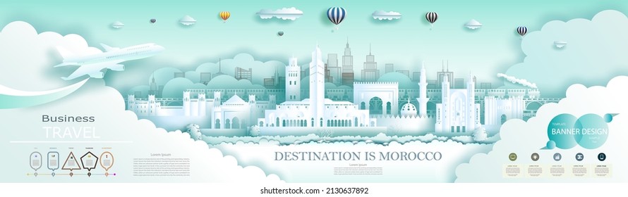 Vector Infographics Design Template Travel Morocco Advertising travel Brochure Morocco. Top world famous city architecture. Modern business brochure banner design for advertising with infographics.