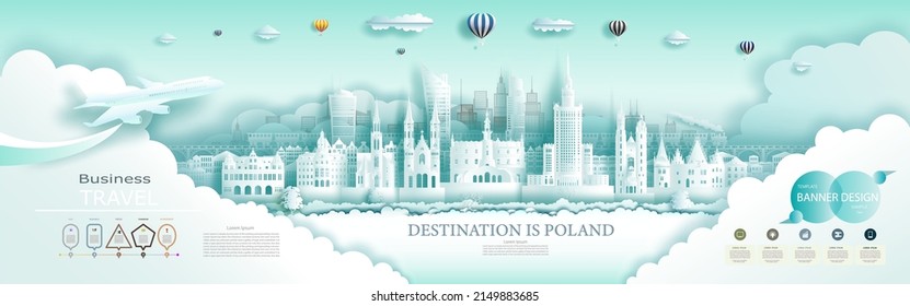 Vector Infographics Design Template Travel Poland Advertising travel Brochure Poland. Top world famous city architecture. Modern business brochure banner design for advertising with infographics.