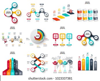 Vector infographics, diagram, chart, graph and presentation. Business report with 3, 4, 5, 6 and 7 options, parts, steps processes. Arrows, circles, target, columns, map and timeline.