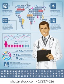 Vector infographics with doctor, earth map and web icons, and elements usefull for any visualisations