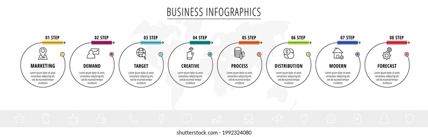 Vector infographics eight circles with arrows. Line business concept of 8 steps, options. Infographic template for diagram, web, banner, presentations, flowchart, content, levels, chart