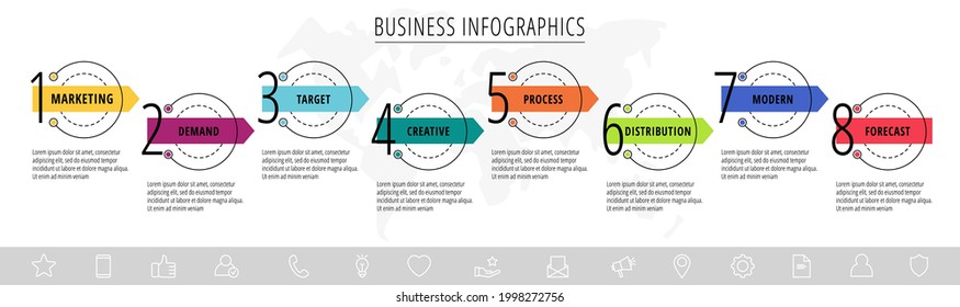 Vektor Infografiken acht Kreise mit Pfeilen. Line-Business-Konzept von 8 Schritten, Optionen. Infografische Vorlage für Diagramm, Web, Banner, Präsentationen, Flussdiagramme, Inhalte, Ebenen, Diagramme