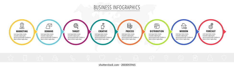 Vector infographics eight circles with arrows. Line business concept of 8 steps, options. Infographic template for diagram, web, banner, presentations, flowchart, content, levels, chart