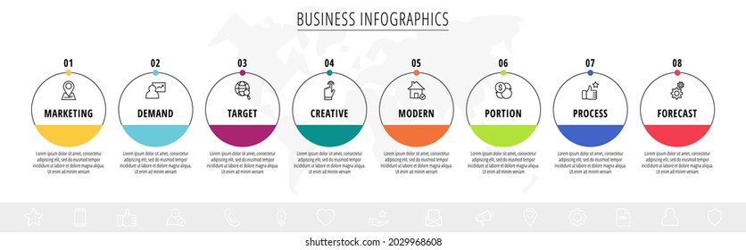 Vector infographics eight circles with arrows. Line business concept of 8 steps, options. Infographic template for diagram, web, banner, presentations, flowchart, content, levels, chart