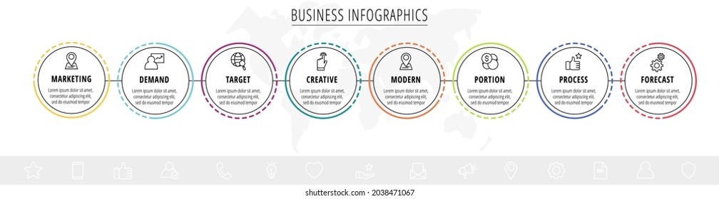 Vector infographics eight circles with arrows. Line business concept of 8 steps, options. Infographic template for diagram, web, banner, presentations, flowchart, content, levels, chart