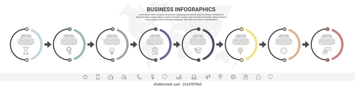 Vector infographics eight circles with arrows. Line business concept of 8 steps, options. Infographic template for diagram, web, banner, presentations, flowchart, content, levels, chart