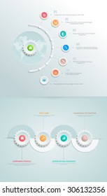 Vector infographics element with business icons. The gears communicate with circles. Clean, minimalist design. For informational graphs, reports, registration data, websites, printed