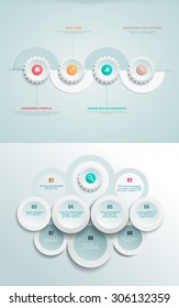 Vector infographics element with business icons. The gears communicate with circles. Clean, minimalist design. For informational graphs, reports, registration data, websites, printed