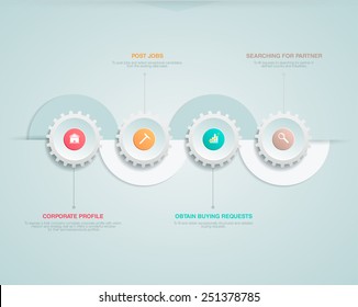 Vector infographics element with semicircles and business icons. The gears communicate with one another. Clean, minimalist design. For informational graphs, reports, registration data, websites
