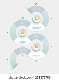 Vector infographics element with a spiral and business icons. The gears communicate with one another. Clean, minimalist design. For informational graphs, reports, registration data, websites, printed