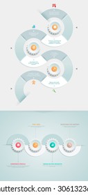 Vector infographics element with a spiral and business icons. The gears communicate with one another. Clean, minimalist design. For informational graphs, reports, registration data, websites, printed