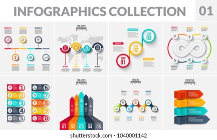 Vector infographics elements collection. Abstract diagrams, arrows, circles, timeline and infinity sign with 3, 4, 5, 6, 7 and 10 steps, options or parts.