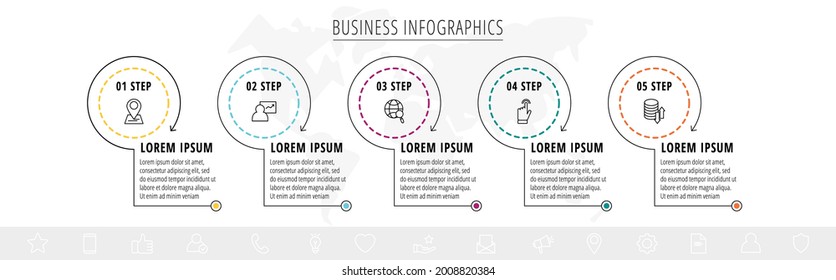 Vector infographics five circles with arrows. Line business concept of 5 steps, options. Infographic template for diagram, web, banner, presentations, flowchart, content, levels, chart