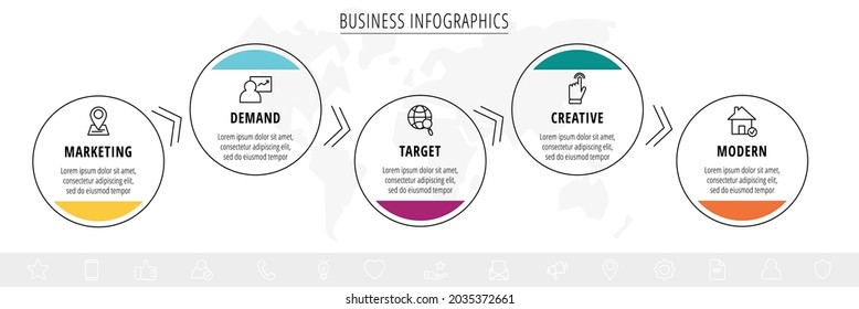 Vector infographics five circles with arrows. Line business concept of 5 steps, options. Infographic template for diagram, web, banner, presentations, flowchart, content, levels, chart
