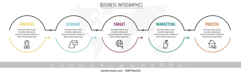 Infografía vectorial cinco círculos con flechas. Concepto de negocio de línea de 5 pasos, opciones. Plantilla informativa para diagrama, web, banner, presentaciones, diagrama de flujo, contenido, niveles, gráfico