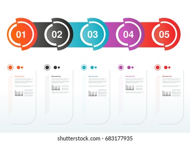 Vector infographics five steps design. Template with circular labels. Company layout. Background for business, infographic, diagram, menu, options, navigation.
