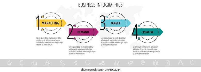 Vector infographics four circles with arrows. Line business concept of 4 steps, options. Infographic template for diagram, web, banner, presentations, flowchart, content, levels, chart